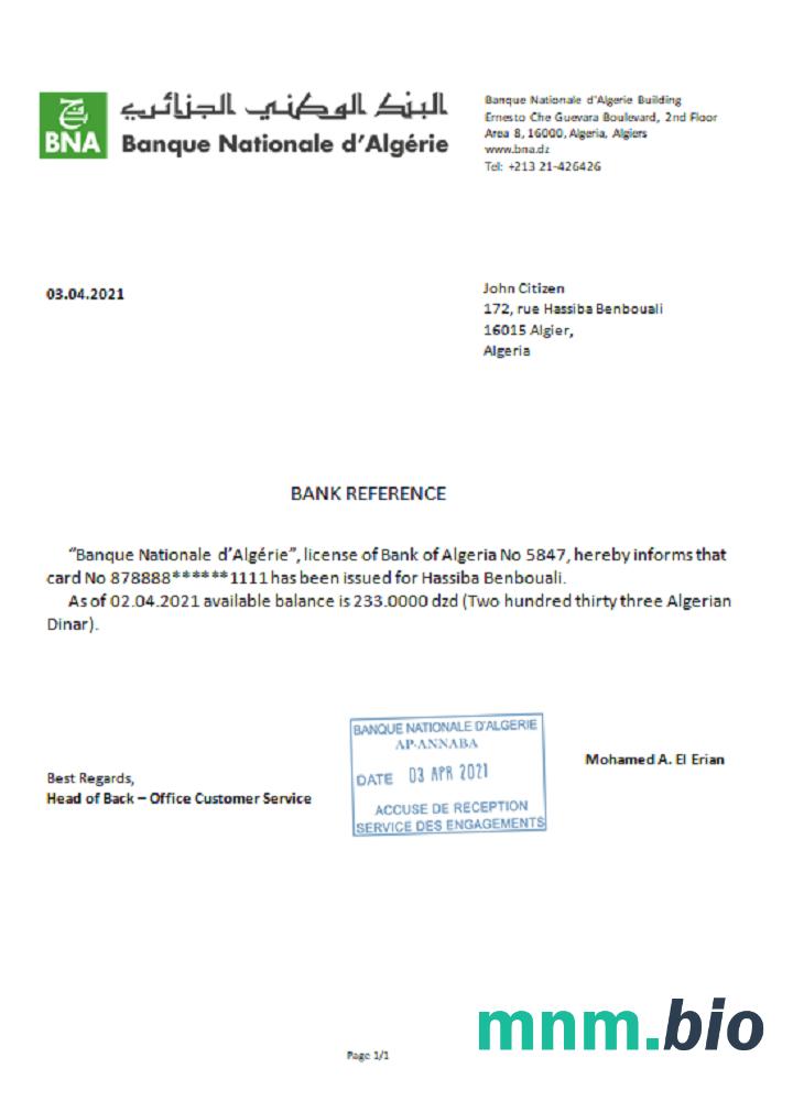 Przykład odniesienia do Algierii Banque nationale w formatach Word i PDF